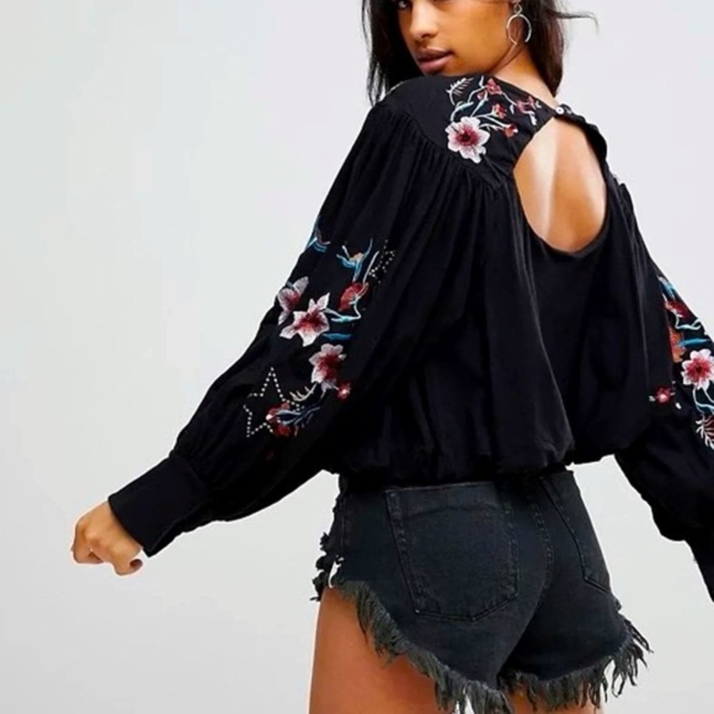 Free People Black Floral Embroidered Long Sleeve Top